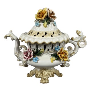 Vintage Porcelain Centerpiece Vase with Relief Flowers from Capodimonte, 1960s For Sale