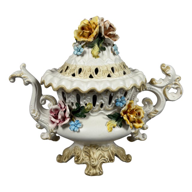 Vintage Porcelain Centerpiece Vase with Relief Flowers from Capodimonte, 1960s For Sale