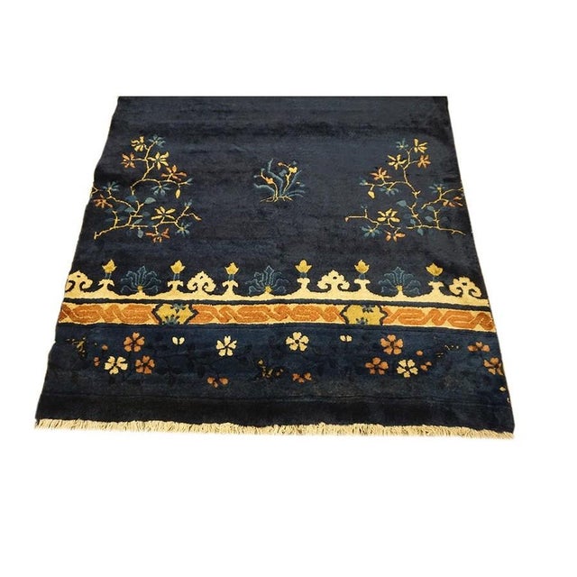 Contemporary 1920s Antique Traditional Floral Chinese Peking Hallway Runner Blue Knotted Rug For Sale - Image 3 of 7