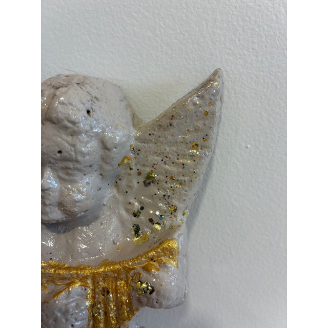 Vintage Chalkware Cherub Angel Wall Plaque With Harp For Sale - Image 4 of 10