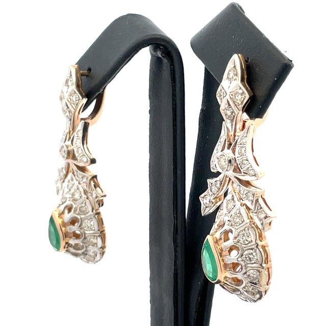 Early 21st Century 14k Yellow Gold 3 Carat Diamond & 1.50 CTW Emerald Drop Earrings, A Pair For Sale - Image 5 of 12