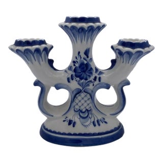 Vintage Shekma Gzhel Candelabra 3 Candle Holder For Sale