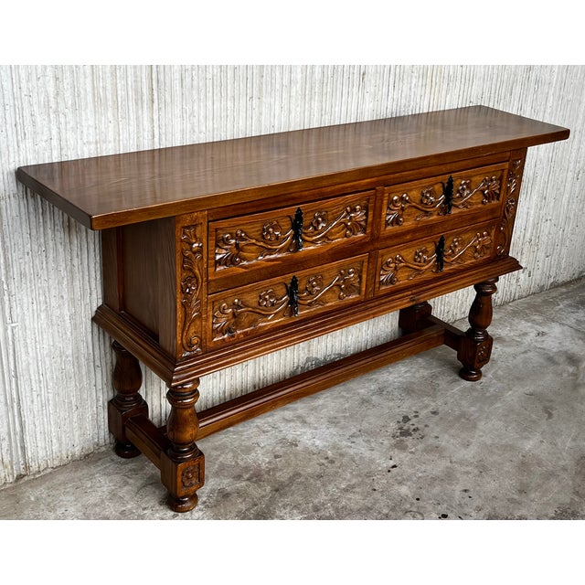 Spanish Console Chest Table With Four Carved Drawers and Original Hardware For Sale - Image 4 of 12