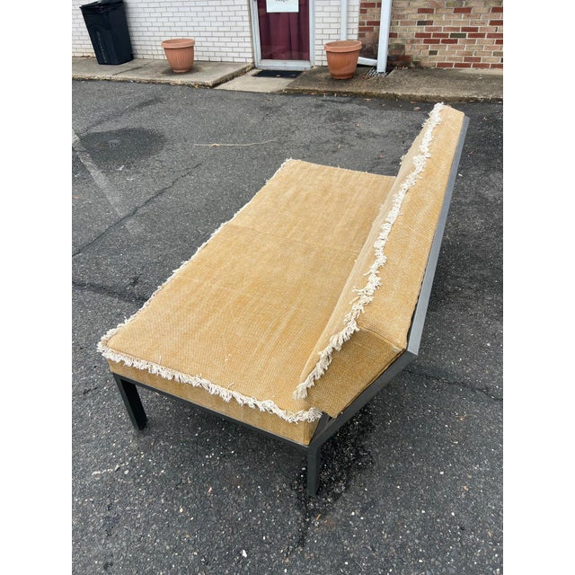 Vintage Upholstered Bench With Fringed Linen For Sale - Image 4 of 8