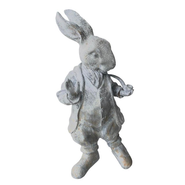 2000 - 2009 Vintage Whimsical Cast Iron Dapper Rabbit Garden Statue Holding a Pipe For Sale - Image 5 of 12