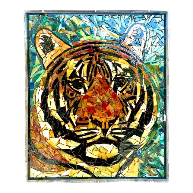 Vintage Glass Mosaic of Tiger in Lucite Box Wall Sculpture For Sale