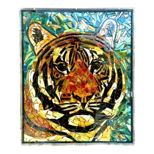 Vintage Glass Mosaic of Tiger in Lucite Box Wall Sculpture