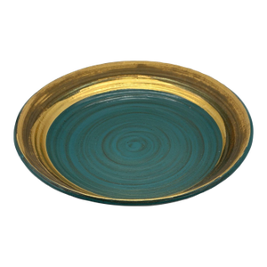 Signed Stoneware Centerpiece Bowl in Teal & Gold Gilt