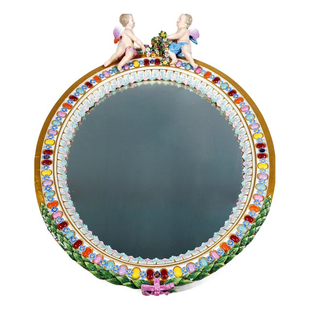 Large Oval Wall Mirror Crowned with Winged Cupids by Leuteritz for Meissen, 1860s For Sale