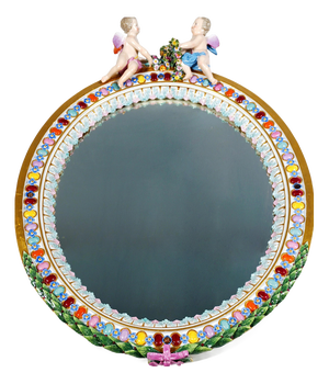 Large Oval Wall Mirror Crowned with Winged Cupids by Leuteritz for Meissen, 1860s