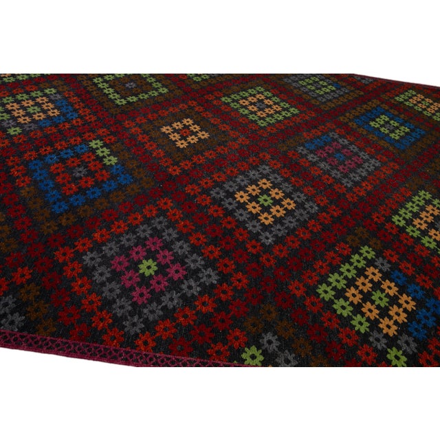 Dark Gray Multicolor Modern Soumak Handmade Geometric Designed Wool Rug For Sale - Image 8 of 11