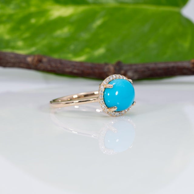 Metal 2.3Ct Sleeping Beauty Turquoise Ring With Natural Diamonds Accents: 14k Gold, Size 6.75 For Sale - Image 7 of 9