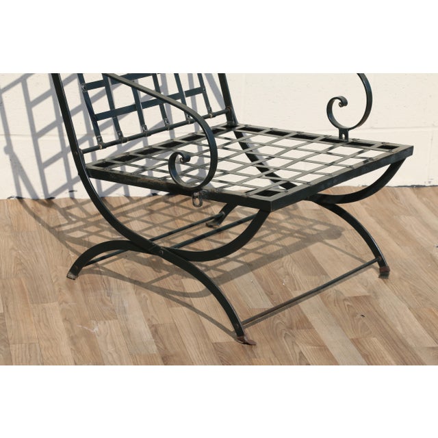 Ebony Vintage Set of Four French Wrought Iron Folding Patio Chairs by Hervé Baume | Outdoor Garden Armchairs | France 1970s For Sale - Image 8 of 18