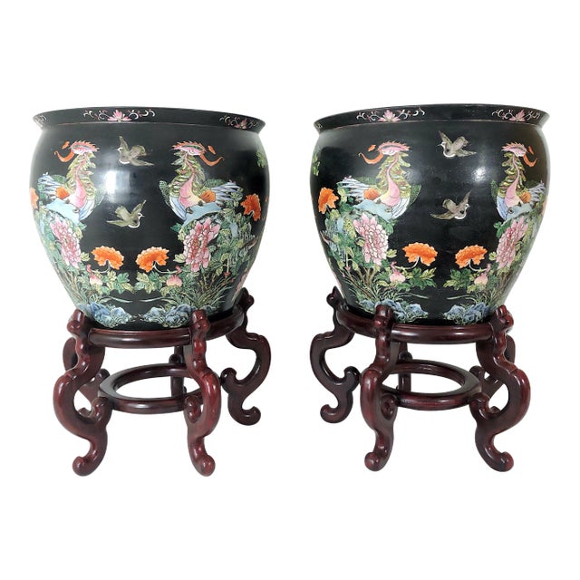 Antique Nyonya Straits Chinese Porcelain Planters, Jardinieres, Famille Noire Black With Goldfish & Phoenix Birds, a Pair, Rosewood Stands, For Sale