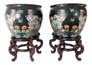 Antique Nyonya Straits Chinese Porcelain Planters, Jardinieres, Famille Noire Black With Goldfish & Phoenix Birds, a Pair, Rosewood Stands,