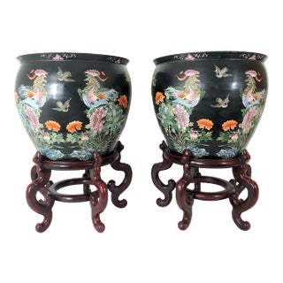Nyonya Straits Chinese Porcelain Planters, Jardinieres, Famille Noire Black With Goldfish & Phoenix Birds, a Pair, Rosewood Stands, Early 20th Century For Sale