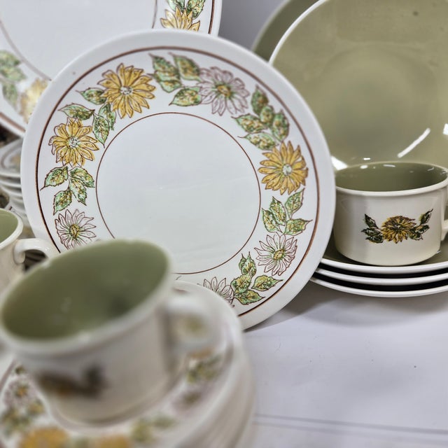 Mid Century Scandinavian Avocado and Daisy Dinnerware- Set of 32 For Sale - Image 16 of 17