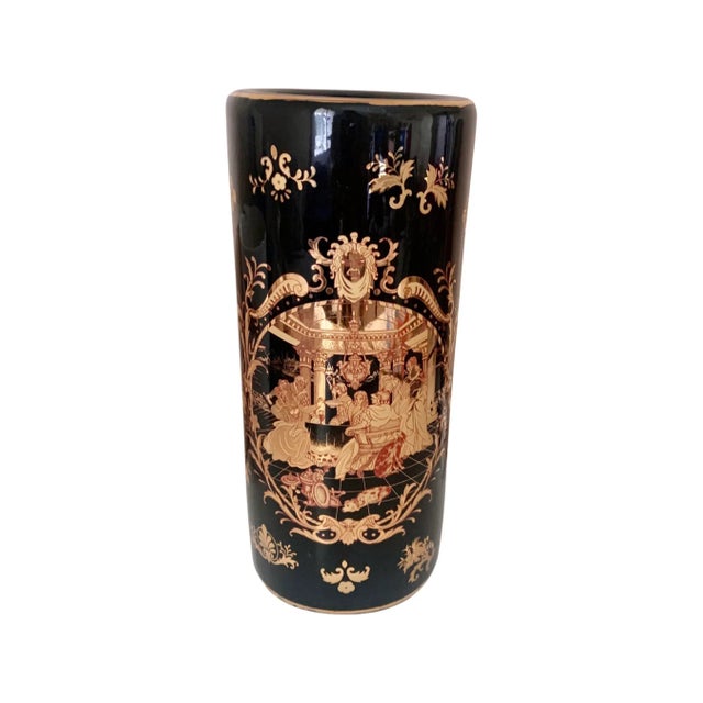 Gold and Black Tubular Ceramic Vase With Middle Ages Theme For Sale - Image 9 of 9