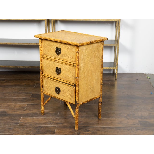 Brown Small English 1920s Mottled Bamboo Three-Drawer Chest with Floral Décor For Sale - Image 8 of 12