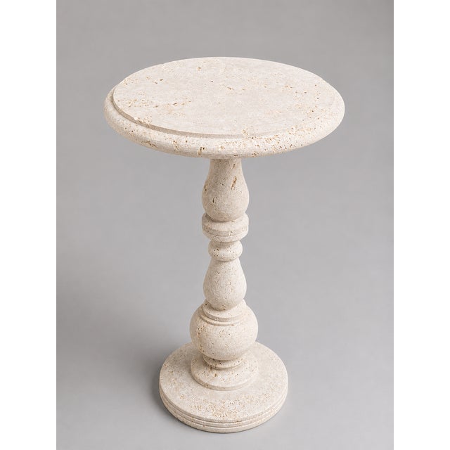 Contemporary Handcrafted Travertine Pedestal Side Table, 15" Round X 24"h | Stone Drink & Accent Table For Sale - Image 3 of 9