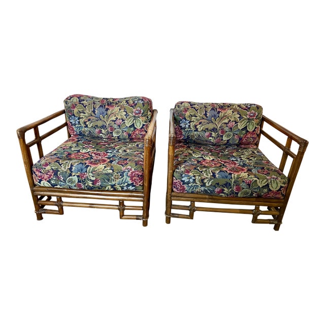 Mid 20th Century Ficks Reed Rattan Bamboo Asian Style Arm Chairs a Pair For Sale