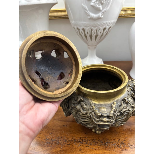 Chinese Ornate Mid 20th Century Cast Brass Chinese Incense Burner Censer With Dragons and Fu Dogs and Green Stone Finial For Sale - Image 3 of 12
