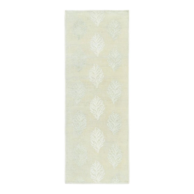 Rug & Kilim’s Block Print Runner Rug With Beige and Sage Green Floral Pattern For Sale
