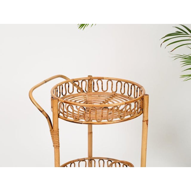 Round Serving Bar Cart in Bamboo, Rattan and Wicker by Franco Albini, Italy, 1960s For Sale - Image 10 of 12