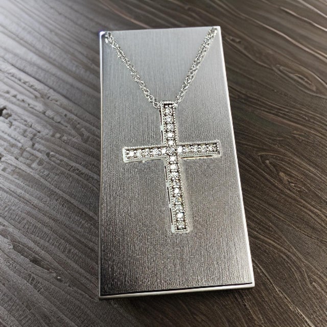 Natural Diamond Cross Pendant with Chain 17" 14k W Gold 0.25 CT Certified For Sale - Image 14 of 14