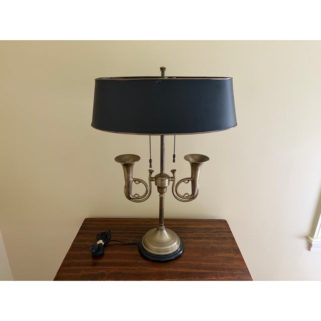 Mid 20th Century English Country Brass Horn Bouillotte Lamp With Black Tole Shade For Sale - Image 9 of 13