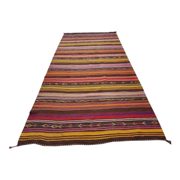 1970s Vintage Turkish Striped Kilim Rug - 4′12″ × 10′5″ For Sale