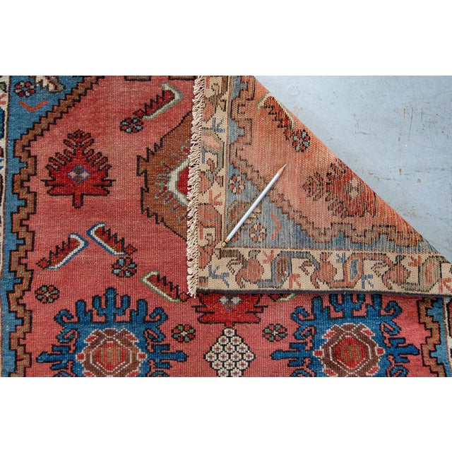 1880s Antique Geometric Salmon Red Blue Hand-Knotted Wool Pile Rug - 2’11” X 4’8” For Sale In Los Angeles - Image 6 of 8