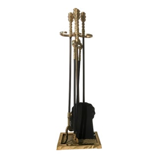 Vintage Brass and Black Fireplace Set (5 Pieces) For Sale