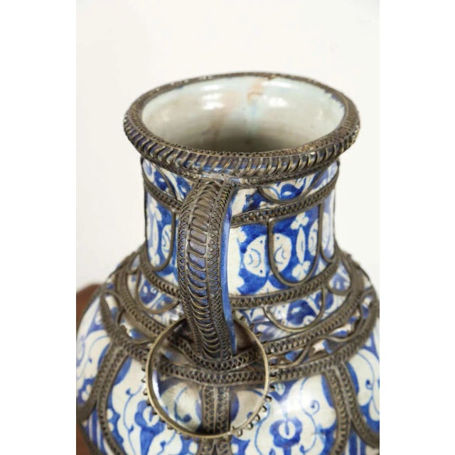 Antique Moroccan Footed Vase, Blue & White Ceramic With Filigree For Sale In Palm Springs - Image 6 of 9