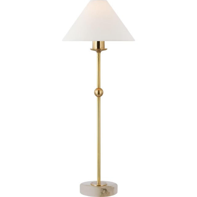 Traditional Chapman & Myers by Visual Comfort Signature Caspian Medium Accent Lamp in Antique-Burnished Brass and Alabaster with Linen Shade For Sale - Image 3 of 3