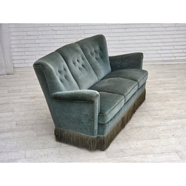 Wood Three-Seater Danish Sofa in Green Furniture Velour, 1960s For Sale - Image 7 of 18