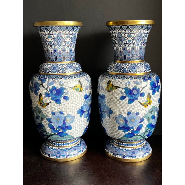 Rare Pair of Large Chinese Ming Style Blue and White Cloisonné Vases For Sale - Image 10 of 12