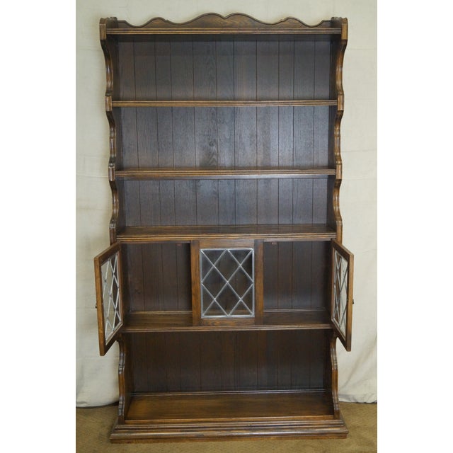 Ethan Allen Royal Charter Oak Leaded Glass Door Tall Open Bookcases a
