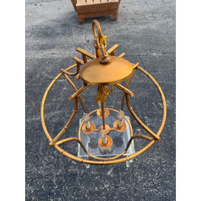 Chinoiserie Chelsea House Hollywood Regency Antique Gold Faux Bamboo Pagoda Lantern Chandelier For Sale - Image 3 of 9