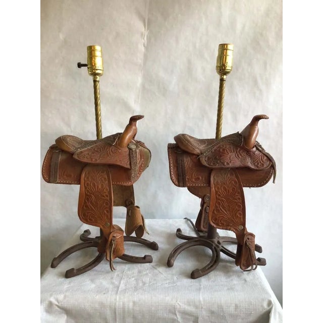 1960s Leather Horse Saddle Lamps on a Horseshoe Base - a Pair For Sale In New York - Image 6 of 12