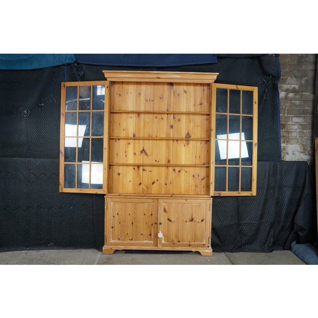 Late 20th Century Rare English Knotty Pine Shallow Glazed Glass China Display Cabinet Cupboard 95" For Sale - Image 14 of 18