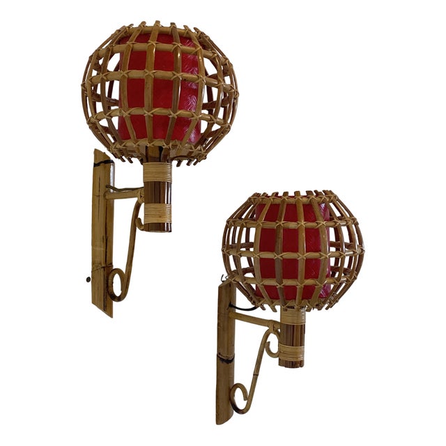 Rattan and Bamboo Wall Lamps, 1970s, Set of 2 For Sale
