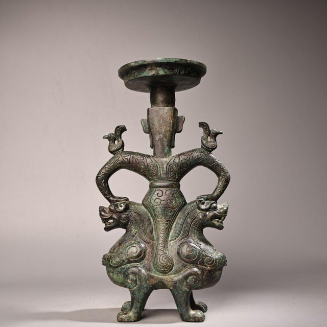 Vintage Archaic Bronze Human-Form Oil Lamp – Figural Beast Base For Sale - Image 4 of 9