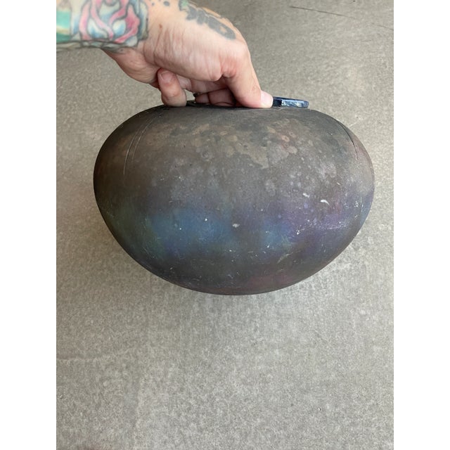 Rare Karl Christiansen 1985 Signed Large Scale Raku Ceramic Geometric Pierced Art Vessel VaseVase Wilton Iowa For Sale - Image 4 of 12