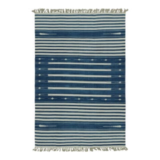 Rug & Kilim's Contemporary Dhurrie Rug with White and Blue Stripes - 10x14 For Sale