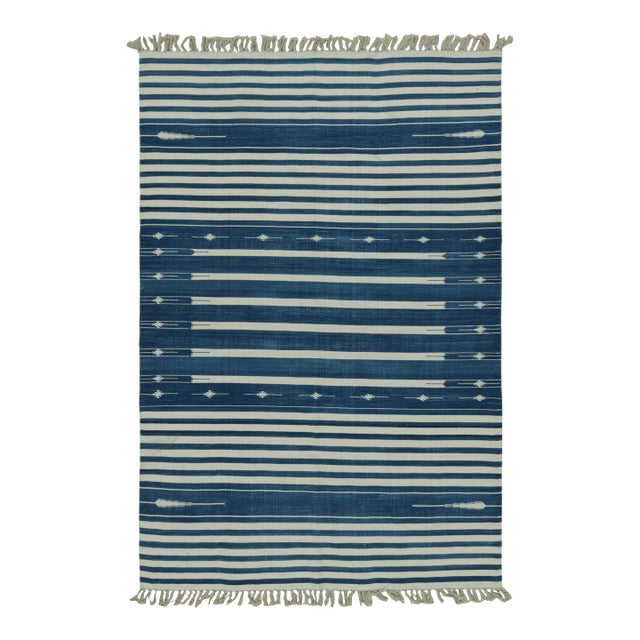 Rug & Kilim's Contemporary Dhurrie Rug with White and Blue Stripes - 10x14 For Sale