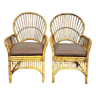 Vintage Rattan Bamboo Fan Back Chairs- A Pair For Sale
