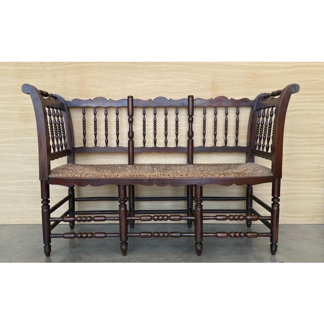20th Century Catalan Bench in Solid Walnut with Caned Seat, Three Seats For Sale - Image 16 of 18