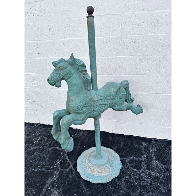 Hollywood Regency Monumental Carousel Horse Green Patinated Bronze Statue For Sale - Image 4 of 10