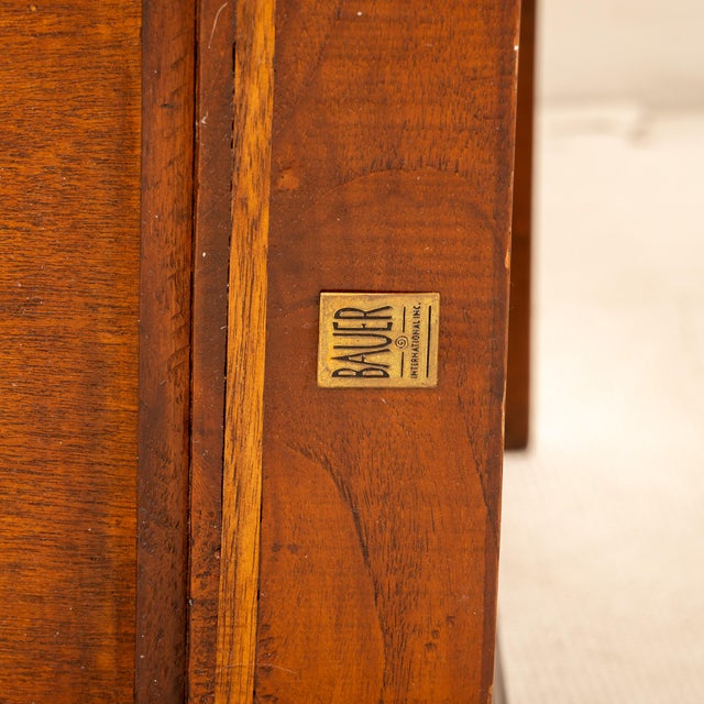 1980s Bauer International Wood & Woven Cane Side Tables With Glass Tops - A Pair For Sale - Image 12 of 12